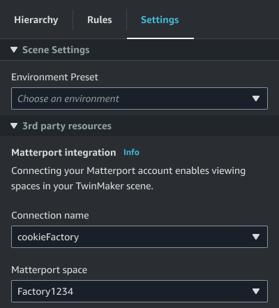 Die Registerkarte „Einstellungen“ mit der Dropdownliste für den Matterport-Bereich wird angezeigt.